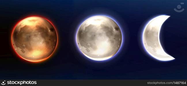 Realistic moon, lunar full and waning phases. Earth satellite, Phoebe astrology detailed object with craters, round shining dial with red and blue glowing halo on night dark sky 3d vector illustration. Realistic moon, lunar full and waning phases.