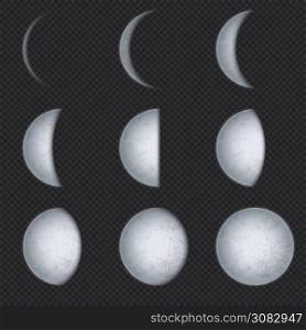 Realistic moon phases. Lunar phase, full luna and new crescent with night sky. Earth satellite surface with texture astronomical vector set. Astronomy lunar phase crescent and eclipse illustration. Realistic moon phases. Lunar phase, full luna and new crescent with night sky. Earth satellite surface with texture astronomical vector set