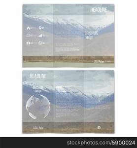 Realistic mountain landscape. Brochure, tri-fold flyer or booklet for business. Modern trendy design vector templates on both sides.