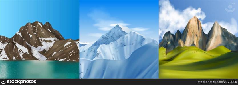 Realistic mountains design concept of three square compositions with wild outdoor landscapes and seasons with sky vector illustration. Realistic Mountains Design Concept