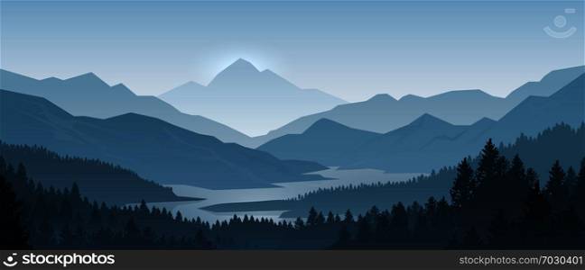 Realistic mountains landscape. Morning wood panorama, pine trees and mountains silhouettes. Vector forest hiking background. Realistic mountains landscape. Morning wood panorama, pine trees and mountains silhouettes. Vector forest background