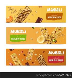 Realistic muesli set of three horizontal banners with biscuit images seeds fruit pieces and editable text vector illustration