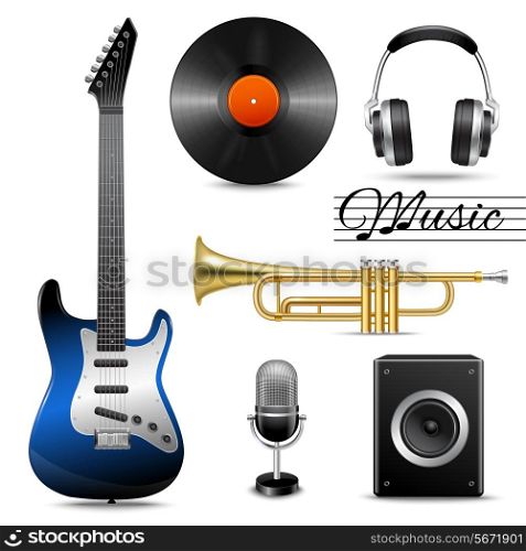 Realistic music entertainment performance equipment set of earphones microphone vinyl disk isolated vector illustration
