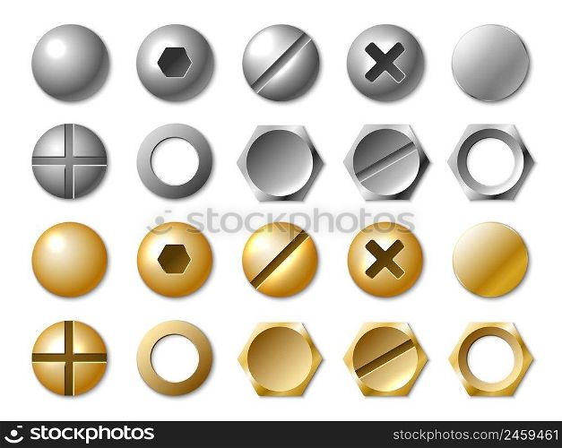 Realistic nails caps. Steel and golden fastener elements. Self-tapping screws and bolts heads. Different types slots. Straight and cruciform tops. Repair or build tools. Vector metallic fastenings set. Realistic nails caps. Steel and golden fastener elements. Self-tapping screws and bolts heads. Different types slots. Straight and cruciform. Repair or build tools. Vector fastenings set