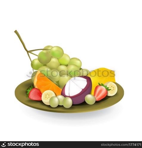 Realistic Natural Fresh Fruits on Plate Summer Isolated Vector Illustration 08