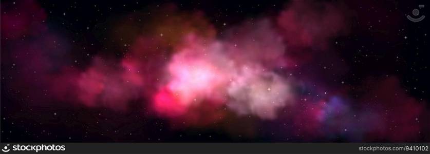 Realistic night sky with pink clouds. Vector illustration of magic sparkling stars scattered in dark space, colorful gradient mist flying in air, glitter powder splash. Abstract fantasy universe. Realistic night sky with pink clouds