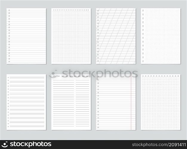 Realistic notebook blank lined and gridded paper sheets. Blank notepad pages for homework or diary notes vector illustration set. Notebook squared and lined notepaper. Empty paper for writing. Realistic notebook blank lined and gridded paper sheets. Blank notepad pages for homework or diary notes vector illustration set. Notebook squared and lined notepaper