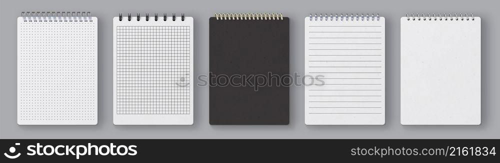 Realistic notebook cover mockup and paper pages with lines and grid. Sketchbook blank sheet. Dotted diary book. Notebook vector template set. Spiral open notepad with silver, gold wires. Realistic notebook cover mockup and paper pages with lines and grid. Sketchbook blank sheet. Dotted diary book. Notebook vector template set