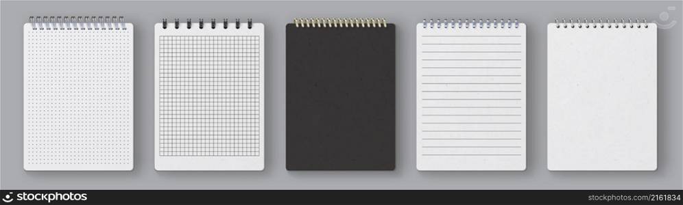 Realistic notebook cover mockup and paper pages with lines and grid. Sketchbook blank sheet. Dotted diary book. Notebook vector template set. Spiral open notepad with silver, gold wires. Realistic notebook cover mockup and paper pages with lines and grid. Sketchbook blank sheet. Dotted diary book. Notebook vector template set