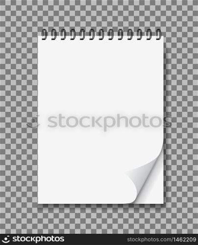 Realistic notebook in mockup style. Blank notepad with spiral and curled corner. Template empty notepad on isolated background. Note page for office, memo. Paper diary with binder for school. vector. Realistic notebook in mockup style. Blank notepad with spiral and curled corner. Template empty notepad on isolated background. Note page for office, memo. Diary with binder for school. vector
