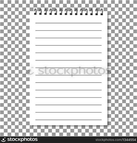 Realistic notebook with metallic spiral isolated on transparent background. Organizer and diary with lined for school or office. Vertical notepad, scrapbook and copybook for text. Memo concept vector. Realistic notebook with metallic spiral isolated on transparent background. Organizer and diary with lined for school or office. Vertical notepad, scrapbook and copybook for text. Memo concept. Vector