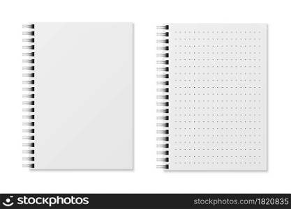 Realistic notebooks. Blank padded diary sketchbook with dots for writing or painting. White copybook with spiral binder, paper organizer with clean sheets office or school stationery mockup vector set. Realistic notebooks. Blank padded diary sketchbook with dots for writing or painting. White copybook with spiral binder, organizer with clean sheets, office or school stationery mockup vector set