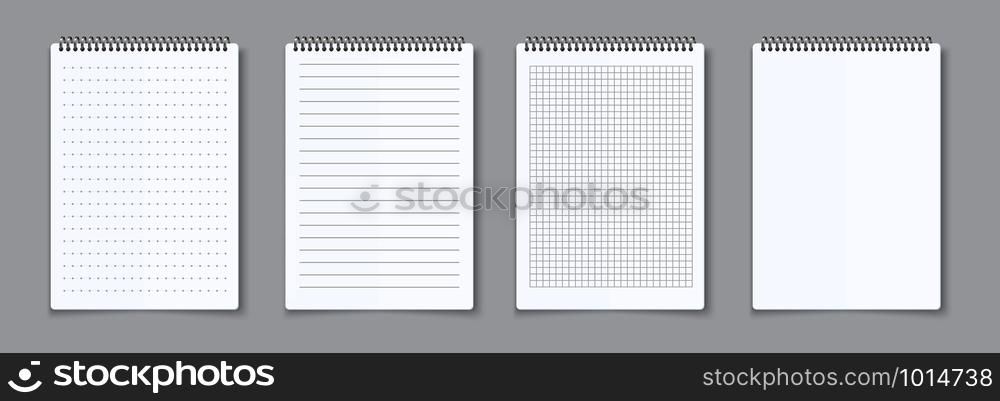 Realistic notebooks sheets. Lined, checkered and dots paper binder page for memo pads . Vector isolated illustration template notepad empty paper with binder iron spiral on gray background. Realistic notebooks sheets. Lined, checkered and dots paper binder page for memo pads . Vector illustration template notepad paper with binder spiral