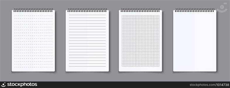 Realistic notebooks sheets. Lined, checkered and dots paper binder page for memo pads . Vector isolated illustration template notepad empty paper with binder iron spiral on gray background. Realistic notebooks sheets. Lined, checkered and dots paper binder page for memo pads . Vector illustration template notepad paper with binder spiral