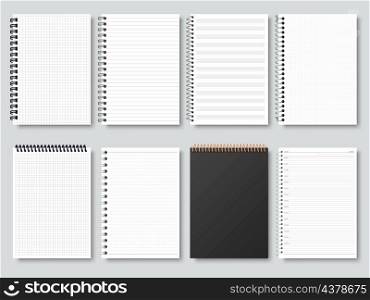 Realistic notepapers, spiral binding notebook, sketchbook or calendar. Open and closed diary, organiser or copybook vector illustration set. Blank notebook mockups. Clean pages with ring binders. Realistic notepapers, spiral binding notebook, sketchbook or calendar. Open and closed diary, organiser or copybook vector illustration set. Blank notebook mockups