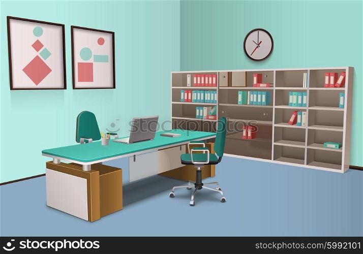 Realistic Office Interior Big Boss. Realistic room in the office for big boss with computer and rack and abstract decorations on the wall vector illustration