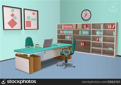 Realistic Office Interior Big Boss. Realistic room in the office for big boss with computer and rack and abstract decorations on the wall vector illustration