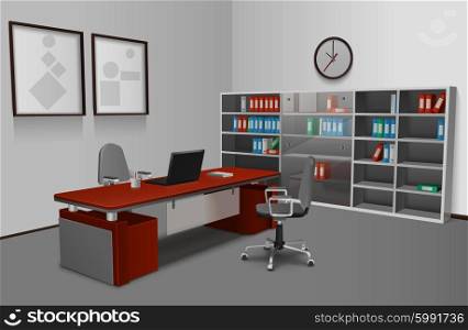 Realistic Office Interior. Realistic office interior with 3d work desk bookshelf and picture frames on wall vector illustration