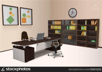 Realistic Office Interior. Realistic office interior with work desk chair and bookshelf 3d vector illustration