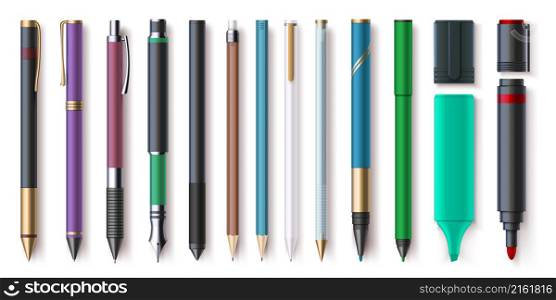 Realistic office writing supplies, pencils, pens and markers. Highlighter, graphite pencil with eraser. School stationery tools vector set. Ballpoint pen for education, assortment for drawing. Realistic office writing supplies, pencils, pens and markers. Highlighter, graphite pencil with eraser. School stationery tools vector set