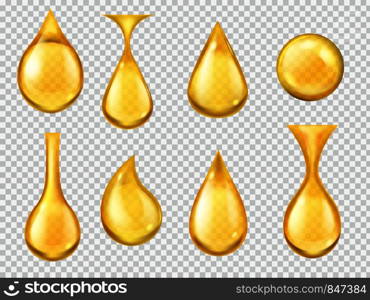 Realistic oil drops. Falling honey drop, gasoline yellow droplet. Gold capsule of liquid vitamin, dripping machine oil isolated clear nature transparent fuel motion vector. Realistic oil drops. Falling honey drop, gasoline yellow droplet. Gold capsule of liquid vitamin, dripping machine oil isolated vector