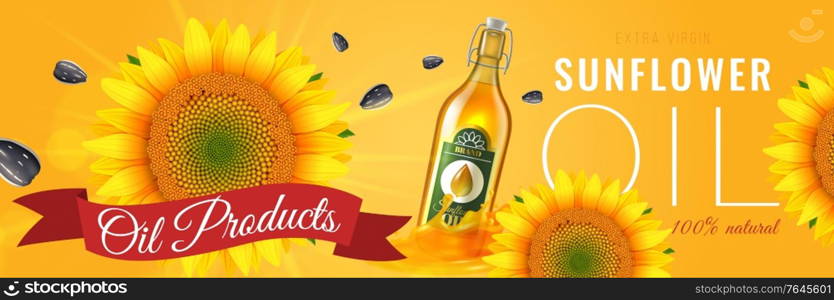 Realistic oil product horizontal poster with big sunflower ribbons and bottle of oil vector illustration. Realistic Oil Product Horizontal Poster