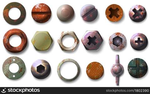 Realistic old rusty screw and bolt heads top view. Metal round and hexagon shaped nuts, nails and rivets with grunge rust texture vector set. Illustration of stainless tool, rusty old metal hardware. Realistic old rusty screw and bolt heads top view. Metal round and hexagon shaped nuts, nails and rivets with grunge rust texture vector set