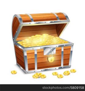 Realistic old style pirate treasure chest with golden coins isolated on white background vector illustration. Chest With Coins