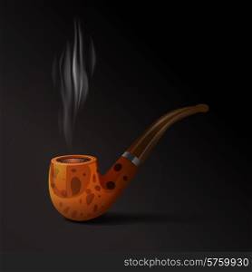 Realistic old style smoking tobacco pipe on black background vector illustration