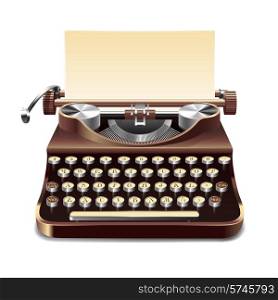 Realistic old style typewriter with paper sheet isolated on white background vector illustration