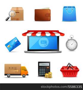 Realistic online shopping delivery and c-commerce icons set isolated vector illustration.