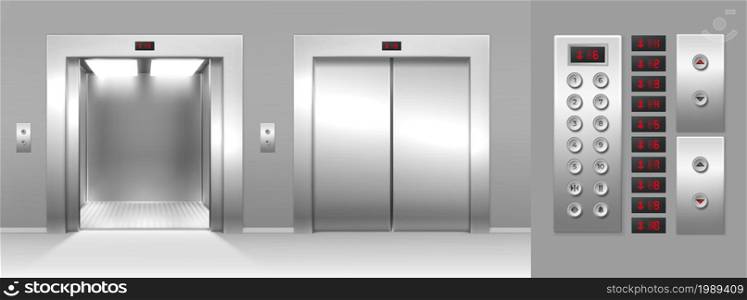 Realistic open and close elevator, buttons and floor number display. 3d lift metal gates and inside panel. Cargo elevators cabin vector set. Lobby in office, hotel or block of flats. Realistic open and close elevator, buttons and floor number display. 3d lift metal gates and inside panel. Cargo elevators cabin vector set