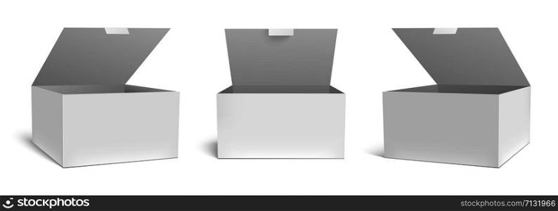 Realistic open box mockup. White packaging gift boxes, opened package and empty rectangular packages vector template set. Square paper parcel, medical case cardboard isolated cliparts collection. Realistic open box mockup. White packaging gift boxes, opened package and empty rectangular packages vector template set. Square carton parcel container, medical case cardboard cliparts collection