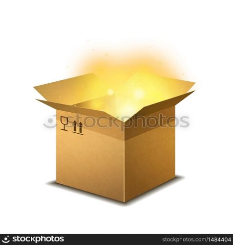 Realistic open cardboard parcel with cargo signs and yellow magic light inside, isolated on white. Realistic open cardboard parcel with cargo signs and yellow magic light inside on white