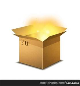 Realistic open cardboard parcel with cargo signs and yellow magic light inside, isolated on white. Realistic open cardboard parcel with cargo signs and yellow magic light inside on white
