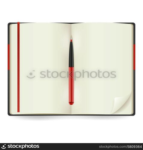 Realistic open notepad with red pen isolated on white background vector illustration. Open Notepad Realistic