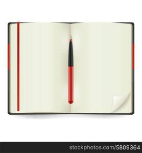 Realistic open notepad with red pen isolated on white background vector illustration. Open Notepad Realistic