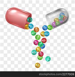 Realistic open pill capsule with vitamin and mineral elements. Medicine supplement ingredients in drugs. Pharmacy health care vector concept. Illustration of pill vitamin and capsule for health. Realistic open pill capsule with vitamin and mineral elements. Medicine supplement ingredients in drugs. Pharmacy health care vector concept