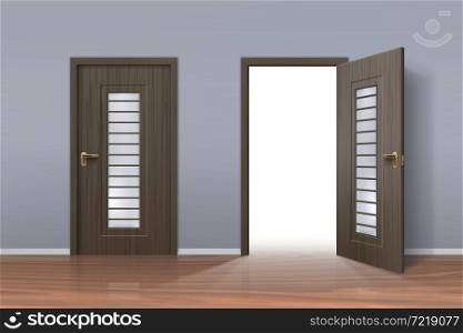 Realistic opened and closed doors in office or home hallway interior. Light inside doorway. Wooden room entrance. Opportunity vector concept. Welcoming or invitation to enter apartment. Realistic opened and closed doors in office or home hallway interior. Light inside doorway. Wooden room entrance. Opportunity vector concept