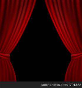 Realistic opened red velvet curtain on black background. Vector Illustration