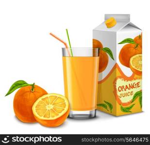 Realistic orange juice glass with cocktail straw and paper pack isolated on white background vector illustration