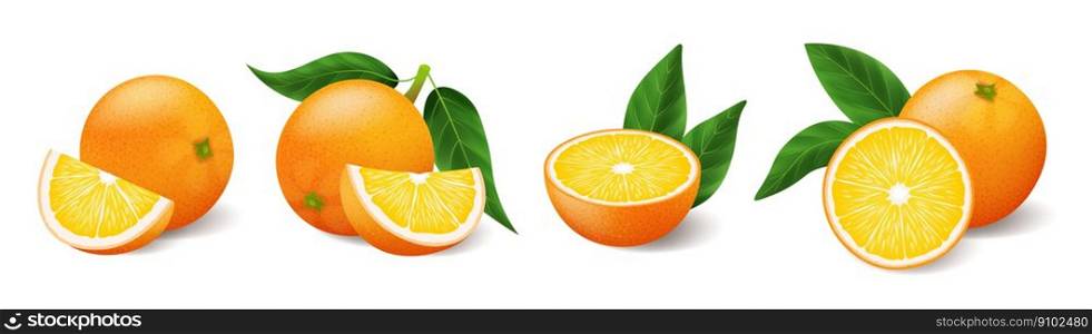 Realistic oranges with green leaf whole and sliced set, sour fresh fruit, bright yellow peel, set of oranges vector illustration isolated on white background. Realistic bright yellow oranges with green leaf whole and sliced set