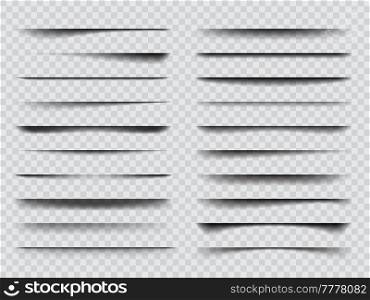 Realistic overlay transparent shadow effects. Isolated vector black or grey shade stripes with soft edges, mockup elements. Set of abstract panel or bar shadows 3d object. Realistic overlay transparent shadow effects set