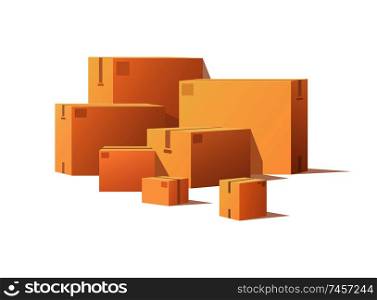Realistic packages with adhesive tape isolated on white. Carton packs vector delivery icons. Pile of parcel boxes, stacked sealed goods in cardboard.. Realistic Packages with Adhesive Tape Isolated