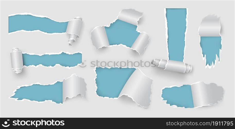 Realistic page with rip and torn holes and paper roll. White ripped sheet frames for sale poster. Teared and ragged paper pieces vector set. Folded or rolled fragments, gaps destruction. Realistic page with rip and torn holes and paper roll. White ripped sheet frames for sale poster. Teared and ragged paper pieces vector set