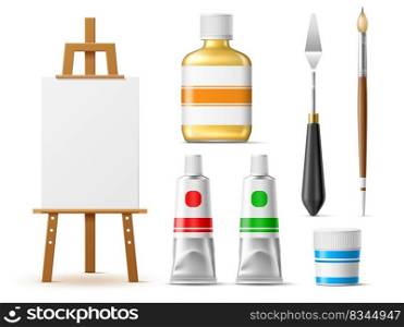 Realistic painter tools. Art supplies and equipments, oil and solvent, gouache jar and paintbrush, palette knife and easel with canvas, 3d isolated elements, artist draw instrument, utter vector set. Realistic painter tools. Art supplies and equipments, oil and solvent, gouache jar and paintbrush, palette knife and easel with canvas, 3d isolated elements, artist instrument utter vector set