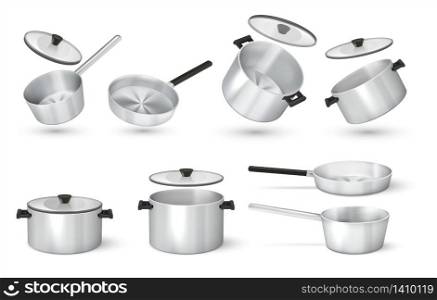 Realistic pan. Steel cooking pots with cape, metal saucepan and skillet, isolated cookware. Vector image 3D aluminum frying pan and kitchen utensil. Realistic pan. Steel cooking pots with cape, metal saucepan and skillet, isolated cookware. Vector 3D aluminum frying pan and kitchen utensil