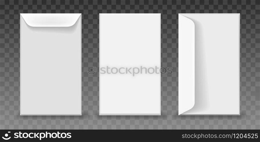 Realistic Paper Blank Letter Envelopes Mockup Set on transparent background. Vector illustration.