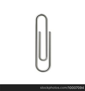 Realistic paper clip. Metal fasteners, steel twisted wire for binding sheets of documents and notes. Isolated glossy silver holder. Web sign of attachment. Vector fixing notepad with stationery cl&. Realistic paper clip. Metal fasteners, twisted wire for binding sheets of documents and notes. Isolated silver holder. Web sign of attachment. Vector fixing notepad with stationery cl&