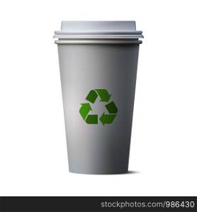 Realistic paper coffee cup and recycle sign, Eco paper cup, vector illustration